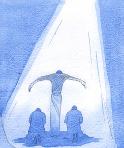 Il Salvatore sofferente sta, con le braccia tese, a proteggere le persone pentite; e il Padre guarda amorevolmente dal cielo, verso Suo Figlio