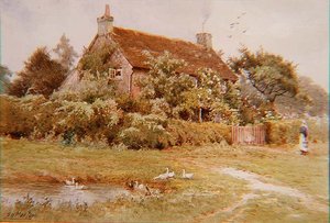 Una donna e anatre vicino a un cottage in estate da Elliot Henry Marten