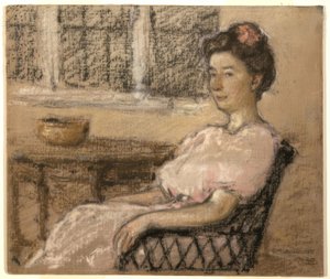 Donna seduta in rosa
