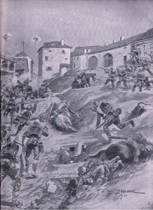 Il 2° Battaglione Cacciatori Bavaresi di Aschaffenberg a Lagarde agosto 1914, da La storia illustrata della guerra mondiale 1914-1915 pub. da Union Berlagsefellfchaft da Emil (after) Limmer