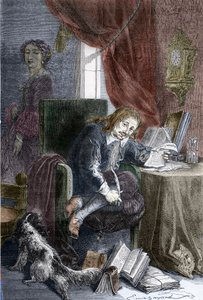 Ritratto dello scrittore francese Paul Scarron (1610-1660) autore di commedie burlesche, rappresentato su una sedia per invalidi, sua moglie Francoise d
