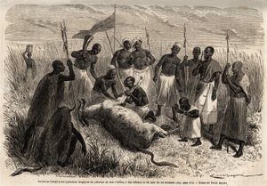 Un mago si impegna in operazioni magiche su un manzo macellato in Uganda, disegno di Emile Bayard (1837-1891), illustrando il viaggio di scoperta del Capitano Speke in Africa dal 1860 al 1863. Incisione in "Le tour du monde", a cura di Edouard Charton da Emile Antoine Bayard
