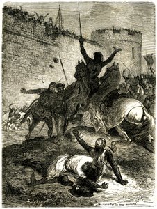 Crociata contro gli Albigesi - Assedio di Tolosa, 25 giugno 1218. Il fratello di Simon de Montfort è appena stato ferito da una freccia, Simon de Montfort stesso sta per essere ucciso da una palla di catapulta lanciata, si dice, da una delle donne di Tolos da Emile Antoine Bayard