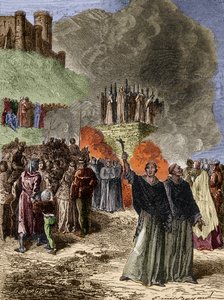 Crociata contro gli Albigesi - Gli ultimi difensori di Montsegur (Catari) bruciati sul rogo nel 1244 - Incisione di Emile Bayard dopo G. Burgun