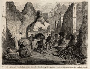 Scoperto vicino a un forno da panetteria e pane conservato nella cenere durante gli scavi del 1864 a Pompei, disegno di Emile Bayard (1837-1891), per illustrare il testo di Marc Monnier (1829-1885) "Pompei e i Pompeiani". Incisione in "Le tour du monde", a