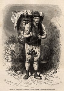 Fruttivendolo, un mercante itinerante di frutta fresca, con il suo cappuccio di trasporto e la bilancia portatile sulla schiena, a Roustchouk (Romania), incisione dal disegno di Emile Bayard, illustrando il viaggio in Bulgaria, di Guillaume Lejean, nel 186
