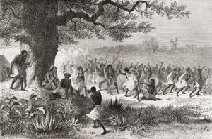 Henry Morton Stanley osserva la tribù Vouagogos prepararsi per la battaglia durante la sua spedizione nel 1871, illustrazione da 