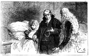 Illustrazione di Emile Bayard per il romanzo di Hector Malot “Senza Famiglia”: Joli-Coeur (cuore bello), la scimmia scienziata malata è esaminata da un medico (auscultata da un medico che gli prende il pollo) alla presenza di Remi e Monsieur Vitalis