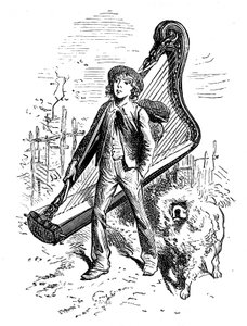 Illustrazione di Emile Bayard per il romanzo di Hector Malot “Senza Famiglia”: Remi con il suo amico il cane Capi e la sua arpa - Edizione Hetzel 1880 - da Emile Antoine Bayard