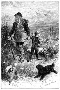 Illustrazione di Emile Bayard per il romanzo di Hector Malot "Senza Famiglia": Remi parte con Monsieur Vitalis, artista itinerante e i suoi animali addestrati, i tre cani Capi, Zerbino e Dolce - Edizione Hetzel 1880 da Emile Antoine Bayard