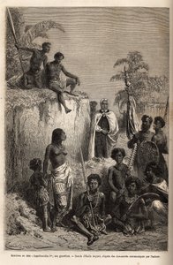 Kamehameha I, re delle Isole Hawaii e fondatore della loro unità, circondato da guerrieri hawaiani e alcuni sudditi a Honolulu, incisione dal disegno di Emile Bayard, illustrando il viaggio alle Isole Sandwich, nel 1855-69, di C da Emile Antoine Bayard