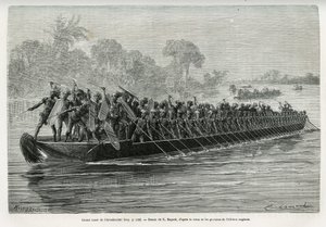 Grande canoa degli Arouhouimi, carica di 40 rematori in piedi e venti guerrieri armati, sul fiume Livingstone (Congo), disegno di Emile Bayard, per illustrare la storia 