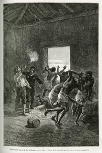 Il maggiore Serpa Pinto sparò al capo del villaggio o si fermò perché chiedeva ancora più brandy in cambio della sua ospitalità. Incisione di Emile Bayard, per illustrare la storia di come ho attraversato l