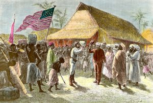 Incontro a Ujiji sulle rive del Lago Tanganica tra Henry Morton, esploratore e giornalista gallese (1841-1904) e David Livingstone, esploratore missionario scozzese del continente africano (1813-1873), il 10 novembre da Emile Antoine Bayard