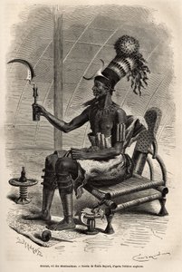 Mounza, re dei Mombuttous (tribù del Sudan), con un copricapo a forma di ciambella coperto da un cappello cilindrico adornato con piume di pappagallo, una placca di rame a forma di mezzaluna attaccata alla fronte, un collare di lastre di rame intorno al co da Emile Antoine Bayard