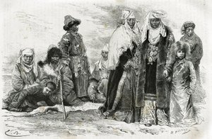 Donne kirghise povere e ricche. Incisione di Emile Bayard, per illustrare le impressioni di viaggio da Orenburg a Samarcanda, di Marie de Ujfalvy-Bourdon, tra il 1876 e il 1878, in Le Tour du monde, diretto da Edouard Charton da Emile Antoine Bayard