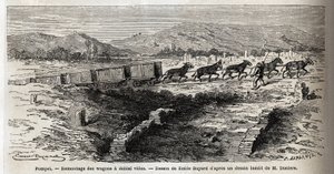 Rimontaggio di carri vuoti durante gli scavi del 1864 a Pompei, disegno di Emile Bayard (1837-1891), per illustrare il testo di Marc Monnier (1829-1885) "Pompei e i Pompeiani". Incisione in Le tour du monde, a cura di Edouard Charton da Emile Antoine Bayard