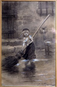Rappresentazione di Cosette, che spazza a piedi nudi. Illustrazione per I Miserabili di Victor Hugo (1802-1885) di Emile Bayard (1837-1891) XIX secolo. Parigi, Maison Victor Hugo