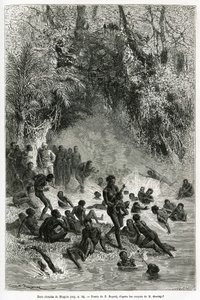 Sir Henri Morton Stanley (1841-1904) tra i bagnanti della regione di Karagoue (Camerun), che si tuffano nella vasca d