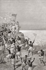 Stanley e la sua spedizione vedono per la prima volta il Tanganica, Africa orientale, nel 1872, illustrazione da 