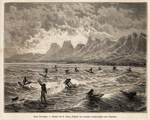 Surf, il gioco preferito degli hawaiani, qui praticato da donne, in equilibrio, in piedi o sedute, sulla tavola, sulla cresta delle onde, che le riportano alla spiaggia, incisione dal disegno di Emile Bayard, illustrando il viaggio alle Isole Sandwich