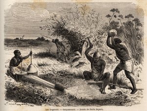 I fabbri, nella regione dei Grandi Laghi, Africa, disegno di Emile Bayard (1837-1891), illustrando il viaggio di scoperta in Africa, dal 1860 al 1863 del Capitano Speke. Incisione in "Le tour du monde", a cura di Edouard Charton da Emile Antoine Bayard