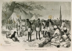 I portatori insolenti della spedizione messi in catene, disegno di Emile Bayard, per illustrare la storia: Attraverso l