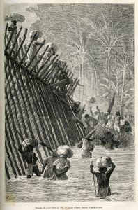Il passaggio del fiume Lovoi (o fiume del diavolo) (regione del Katanga, Congo) dalla spedizione, disegno di Emile Bayard, per illustrare il viaggio attraverso l