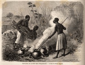 La produzione della birra, nella regione dei Grandi Laghi, Africa, disegno di Emile Bayard (1837-1891), illustrando il viaggio di scoperta in Africa, dal 1860 al 1863 del Capitano Speke. Incisione in "Le tour du monde", a cura di Edouard Charton