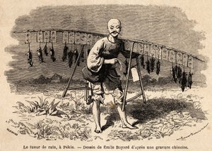 Il cacciatore di topi a Pechino. Disegno di Emile Bayard, per illustrare il viaggio da Shanghai a Mosca, dal 1859 al 1862, di M. de Bourboulon, Ministro di Francia in Cina. Incisione in “Le tour du monde”, edito da Edouard Charton da Emile Antoine Bayard
