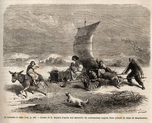 La carriola a vela, sistema di locomozione usato nella Cina settentrionale, disegno di E.Bayard, illustrando il viaggio da Shanghai a Mosca da Emile Antoine Bayard