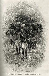 Gruppo di ragazze che portano cesti pieni di cibo per il rifornimento di S.Pinto e i suoi uomini. Incisione di Emile Bayard, per illustrare la storia di come ho attraversato l