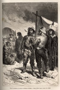 Tipi di pionieri, bovari e indiani di Benton (Montana), incisione dal disegno di Emile Bayard, illustrando il viaggio da Washington a San Francisco, nel 1868, di L. Simonin, pubblicato in "Le tour du monde" 1874 da Emile Antoine Bayard