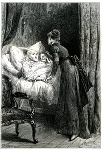 Giovane donna che si prende cura di un vecchio morente nel suo letto sotto un crocifisso appeso al muro. L