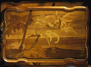 Palme vicino al mare, piano di tavolo intarsiato, di Emile Gallé, stile Art Nouveau, Francia, XX secolo da Emile Galle