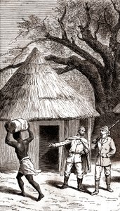 Esploratori e portatori davanti a una capanna africana, 1887 (incisione) da Emile Mas