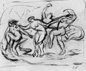 Composizione di figure con donne che fanno il bagno e danzano