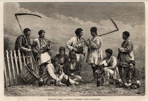 I mietitori bulgari, durante la loro pausa, con la falce e gli oggetti del loro lavoro quotidiano: pipa, bottiglia di vino e una sorta di biniou, incisione dal disegno di E. Metzmacher, illustrante il viaggio in Bulgaria, di Guillaume Lejean, nel 18 da Emile Pierre Metzmacher