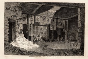 Veduta interna di un tempio tibetano, disegno di Therond per illustrare il riepilogo dell