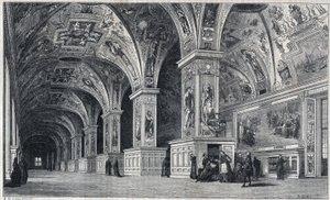 Vista interna della biblioteca Vaticana nel XVIII secolo. Incisione di Therond da un disegno di François Pannini