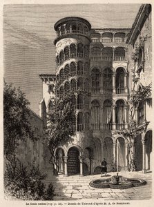 La Scala Antica. Disegno di Therond per illustrare il viaggio di Adalbert de Beaumont a Venezia, intorno al 1850. Incisione in "Le tour du monde", a cura di Edouard Charton da Emile Theodore Therond