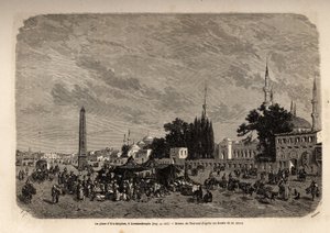 La piazza di Ett Meydan, Costantinopoli (odierna Istanbul, Turchia). Disegno di Therond per illustrare lo studio sulle donne turche del 1862 di F. Jerusalemy. Incisione in "Le tour du monde", a cura di Edouard Charton