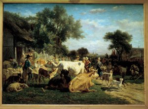 Fiera del villaggio. Dipinto di Emile Van Marck da Emile van Marcke de Lummen