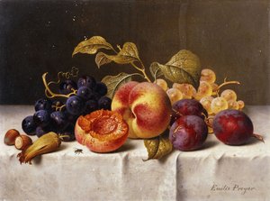 Uva, Pesche, Prugne e Noci su un Tavolo Coperto da Emilie Preyer