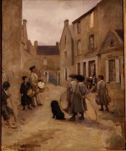 Bambini che giocano con cerchi in una strada, Arromanches