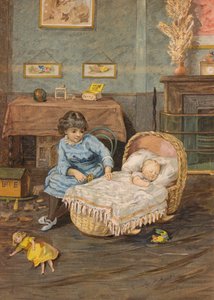 Ragazza che sorveglia un bambino in una culla (cromolitografia) da Emily Jane Harding Andrews