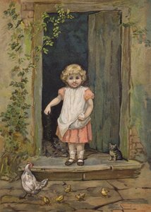 Bambina che nutre i polli dalla soglia di casa da Emily Jane Harding Andrews