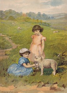 Due ragazze che accarezzano un agnello (cromolitografia) da Emily Jane Harding Andrews