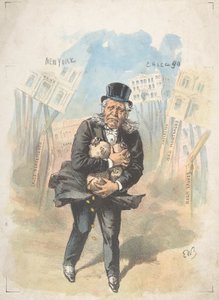 Uomo che stringe sacchi di denaro mentre le banche crollano, fine XIX-inizio XX secolo da Emmanuel Wyttenbach