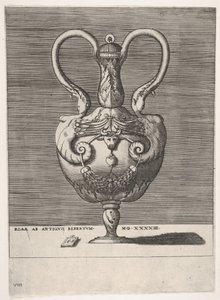 Vaso antico con coperchio e due manici che emergono dalle teste di sfingi femminili ibride..., 1543 o dopo da Enea Vico